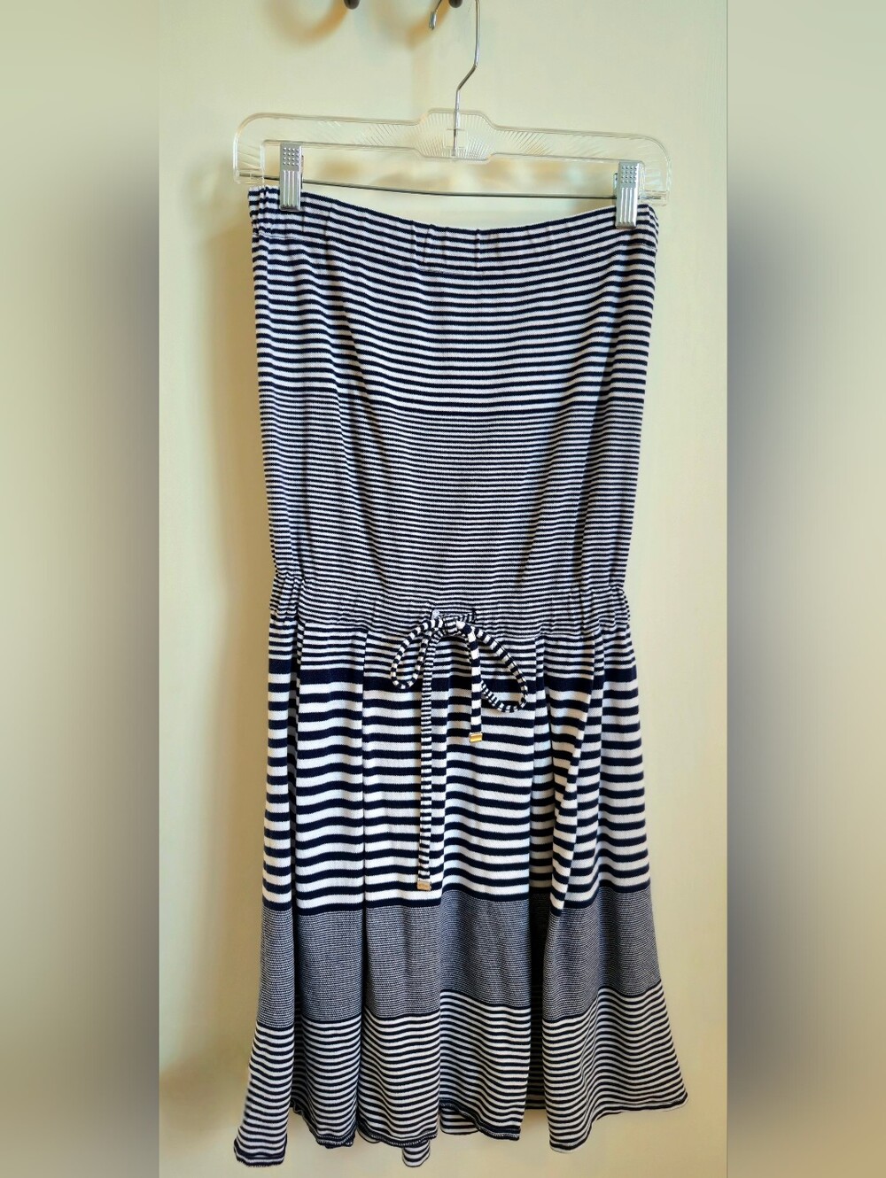 Lacoste Navy and White Striped Strapless Swim Coverup Dress